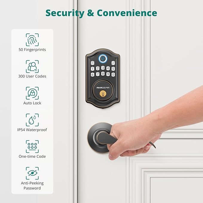 DS10 Keyless Entry Door Lock with 2 Lever Handle, Fingerprint, Keypad Code, 2 Keys, Smart Locks for Front Door, Bedroom, One-time Code, Auto-Lock, Easy Installation