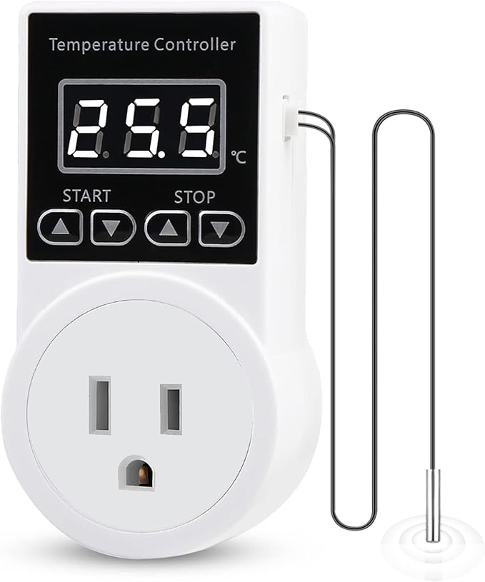 Digital Thermostat Plug Socket, Only Celsius Display LCD Screen Temperature Controller with Waterproof Sensor Probe, Heating Cooling Temperature Switch Outlet for Reptile Greenhouse Terrarium