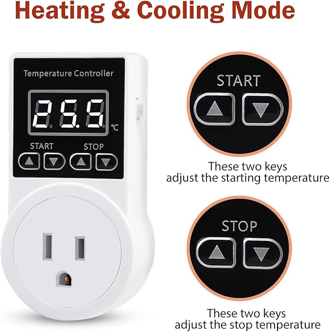 Digital Thermostat Plug Socket, Only Celsius Display LCD Screen Temperature Controller with Waterproof Sensor Probe, Heating Cooling Temperature Switch Outlet for Reptile Greenhouse Terrarium