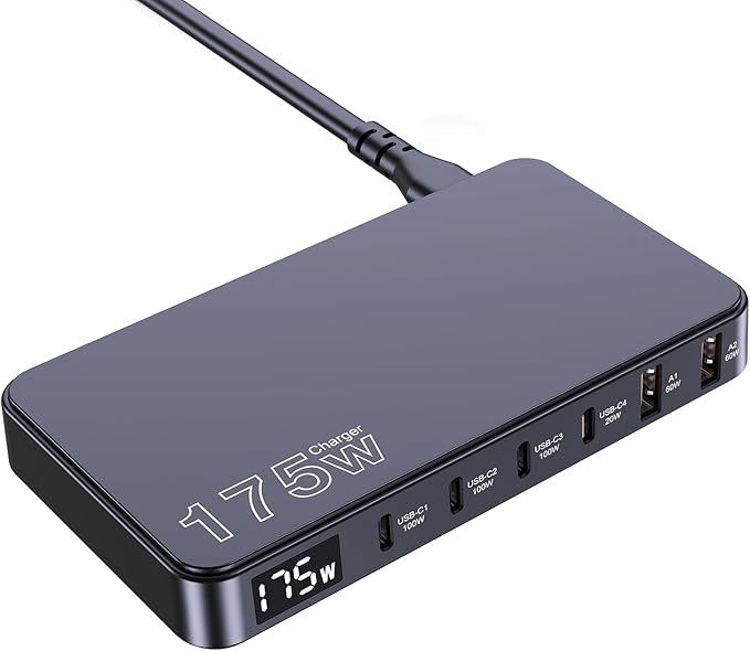 175W USB-C Charger, Ultra-Thin 6 Ports GaN Fast Charging Station, PPS PD 100W Laptop Charger Adapter, LCD Display, Compatible with MacBook Pro/Air, iPhone 15/14/13, Pixel, Galaxy, and More