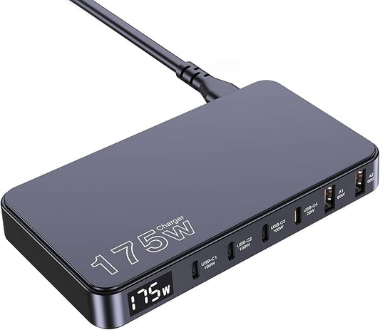 175W USB-C Charger, Ultra-Thin 6 Ports GaN Fast Charging Station, PPS PD 100W Laptop Charger Adapter, LCD Display, Compatible with MacBook Pro/Air, iPhone 15/14/13, Pixel, Galaxy, and More