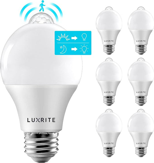 LUXRITE A19 LED Motion Sensor Light Bulbs, 60W Equivalent, Motion Activated Dusk to Dawn Sensor, 3000K Soft White, 800 Lumens, Security Light Bulb, Indoor/Outdoor, UL Listed, E26 Base (6 Pack)