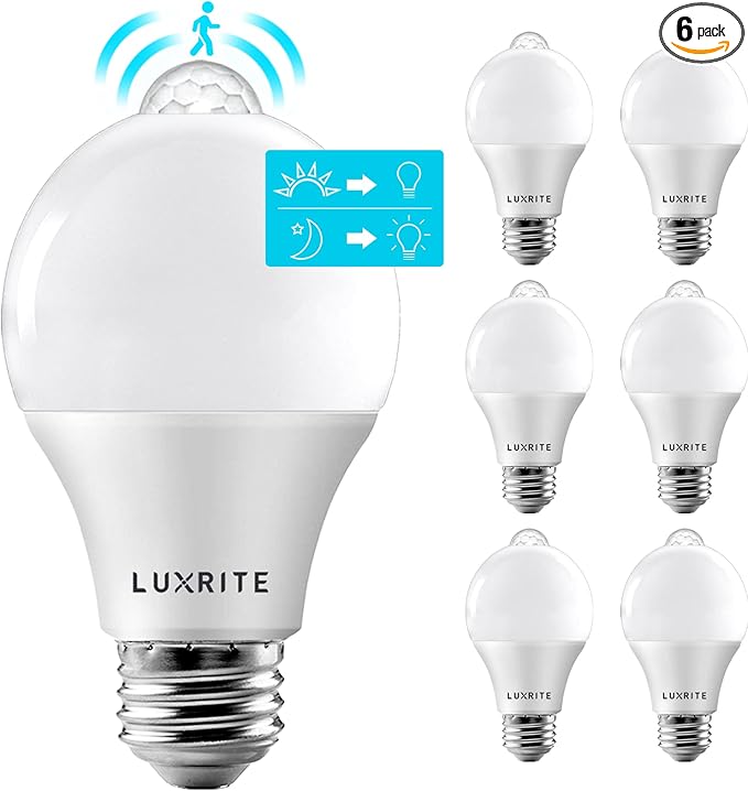 LUXRITE A19 LED Motion Sensor Light Bulbs, 60W Equivalent, Motion Activated Dusk to Dawn Sensor, 5000K Bright White, 800 Lumens, Security Light Bulb, Indoor/Outdoor, UL Listed, E26 Base (6 Pack)