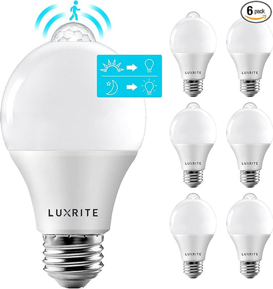 LUXRITE A19 LED Motion Sensor Light Bulbs, 60W Equivalent, Motion Activated Dusk to Dawn Sensor, 5000K Bright White, 800 Lumens, Security Light Bulb, Indoor/Outdoor, UL Listed, E26 Base (6 Pack)