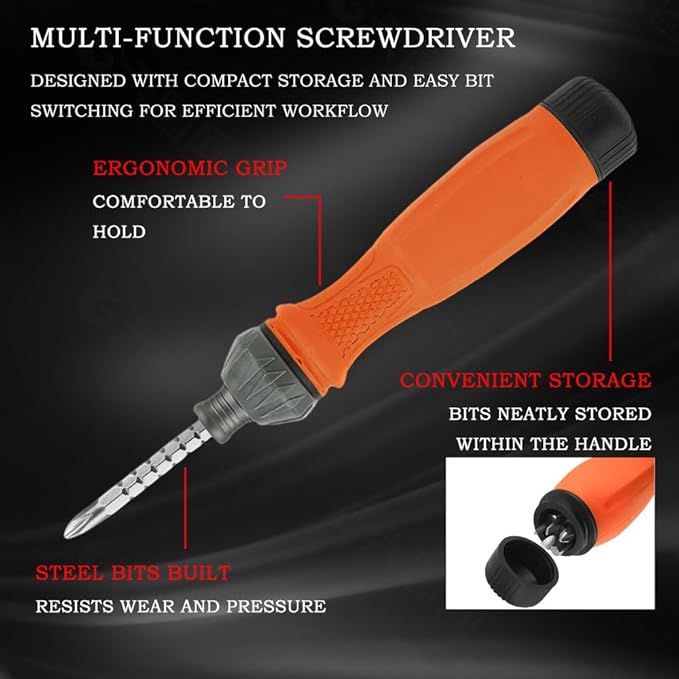 13-in-1 Ratcheting Screwdriver, 6 Double-Ended - Phillips, Slotted, U-Type/Triangle Bits, Hex Key & 1/4-Inch Nut Driver (Yellow)
