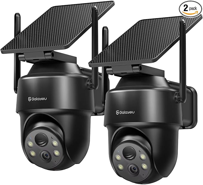 GALAYOU 2K Cameras for Home Security-2.4G WiFi Outdoor Camera Wireless Solar/Battery Powered, 360° PTZ Color Night Vision, PIR Detection, SD/Cloud Storage, Waterproof, Work with Alexa, R1 2P Black