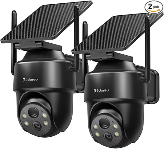 GALAYOU 2K Cameras for Home Security-2.4G WiFi Outdoor Camera Wireless Solar/Battery Powered, 360° PTZ Color Night Vision, PIR Detection, SD/Cloud Storage, Waterproof, Work with Alexa, R1 2P Black