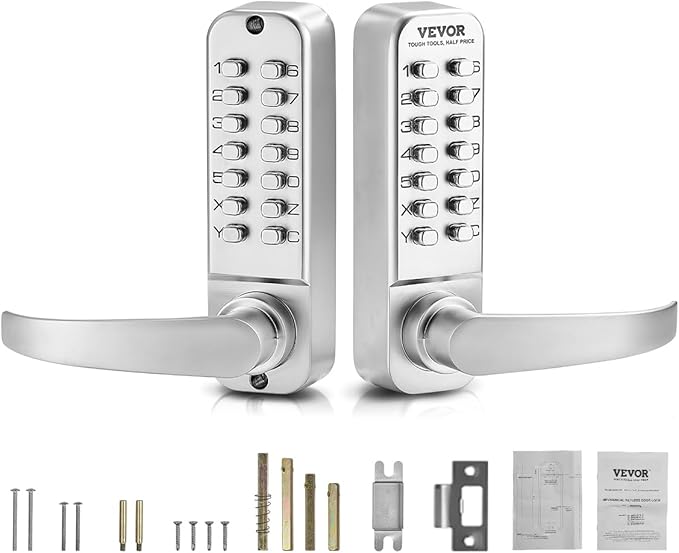 VEVOR Mechanical Keyless Entry Door Lock, 14 Key, Mechanical Keypad with Handle, Double-Sided Stainless Steel Waterproof Keyless Gate Lock, for Home Office Yard, Sliver