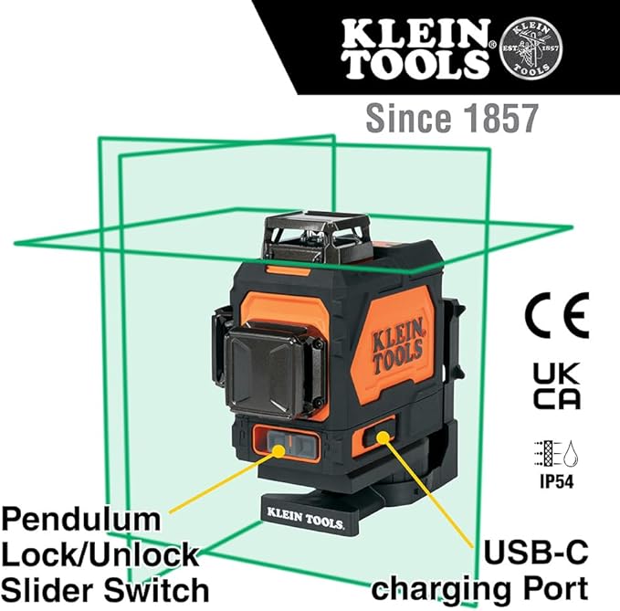 Klein Tools 93PLL Self-Leveling Laser Level with Bright Green 3x360-Degree Planes, Rechargeable Battery, Magnetic Mount
