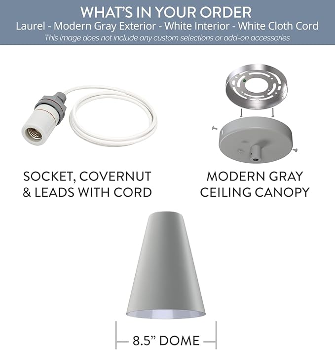 Steel Lighting Co. Laurel Pendant Light | Ceiling Mounted | 8.5 inch Cone Shade | Modern Contemporary Farmhouse Style Made in America | White Cloth Cord | Modern Gray Exterior/White Interior