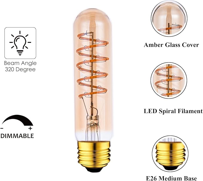 T10 LED Bulbs 40 Watt Equivalent 4W Dimmable Edison Tubular Light Bulb E26 Medium Base 2700K Warm White, T10 Vintage Amber Glass Spiral Filament LED Light Bulb, 2 Pack