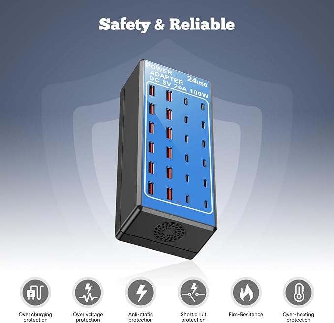 USB C Charger Block, Multi Charging Station, 100W (20A) 24 Port USBC Charging Port for iPhone Samsung Pixel LG Watch,Pad,Speakers,Headphones,PS Compact for Home,Office,Travel