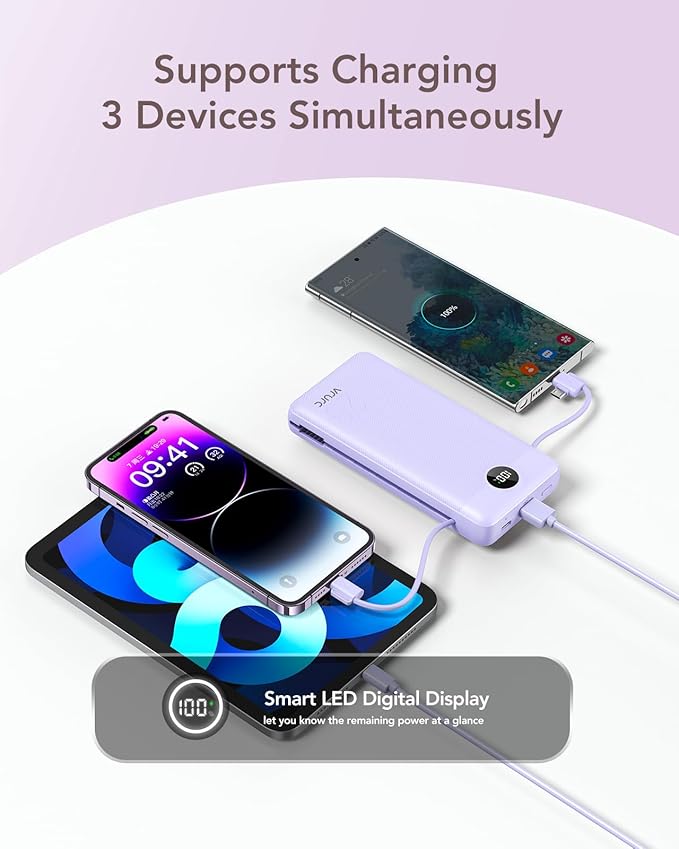 VRURC Portable Charger 20000mAh, Fast Charging Power Bank USB C,4 Output 2 Input Travel Essentials Charging Bank Equipped with LED Display,Built-in Wall Plug and Cables,Phone Charger Battery,Purple