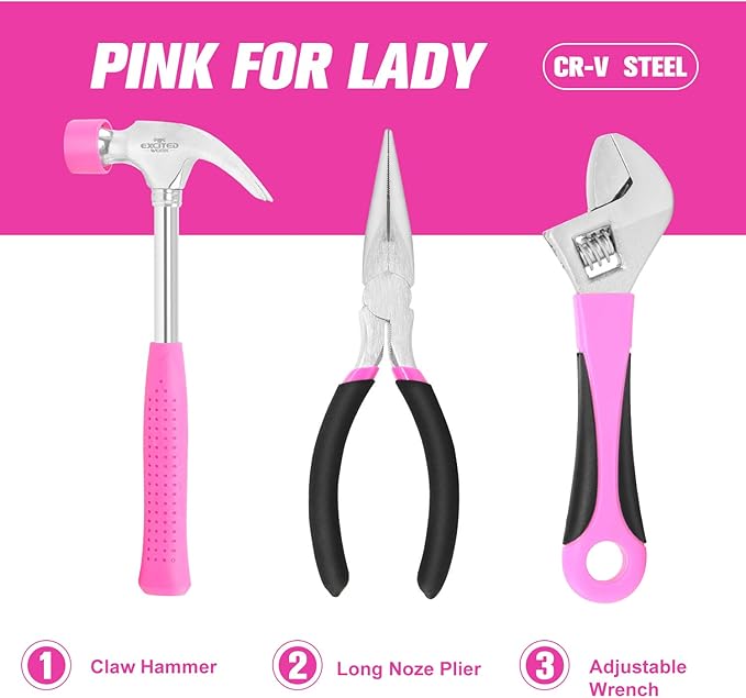 69 Piece Pink Tool kit, Ladies Hand Tool Set with Easy Carrying Round Pouch Household Tool Kit Perfect for DIY, Home Maintenance and Dorm Repair