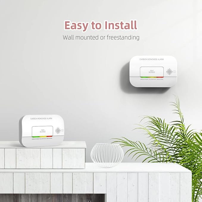 Carbon Monoxide Detector, 7 Year Sensor Life CO Detector with Battery Warning Indicator and Test Button, 85 dB, for Ceiling and Wall Mounting, White (2Pack)