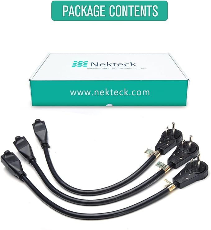 Nekteck 360° Rotating Flat Plug Extension Cord 1 Foot, 14AWG 3 Prong Extension Cord, Low Profile Right Angle Power Cord, Flat Extension Cord Grounded Wire, 15A- UL Certified, Black