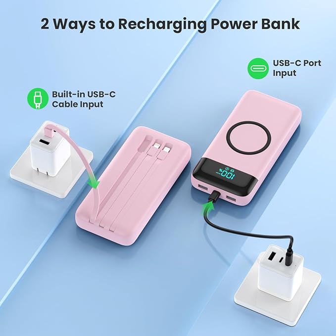Wireless Portable Charger 40800mAh with 3 Built-in Cables,7-in-1 15W Wireless Charging Power Bank,25W PD QC 4.0 Fast Charging USB C LCD Display Battery Pack for iPhone 16/15/13,Samsung,Android-Pink