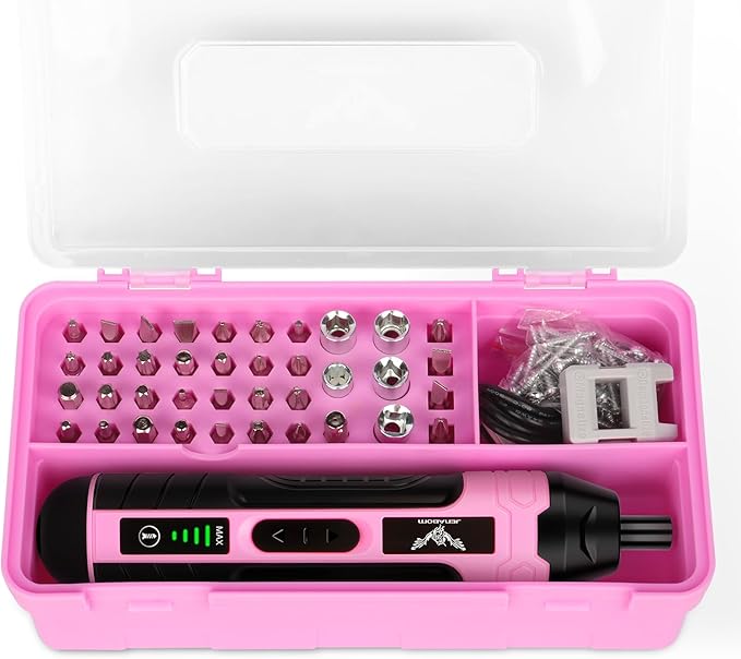 Electric Screwdriver Pink, 3.6V Rechargeable Cordless Screwdriver, 5N.m Max Torque, 4-Gear Torque, LED Light, 105 Pcs, Ideal for Women Daily & Light Industrial Use