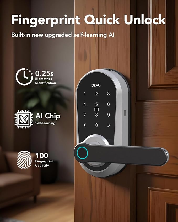 Devo G7 Smart Door Lock with Handle, Keyless Entry Door Lock, Touchscreen Keypad Deadbolt, Fingerprint Door Knob, Built-in-Wi-Fi, APP Remote Control, Auto Lock, Easy Installation