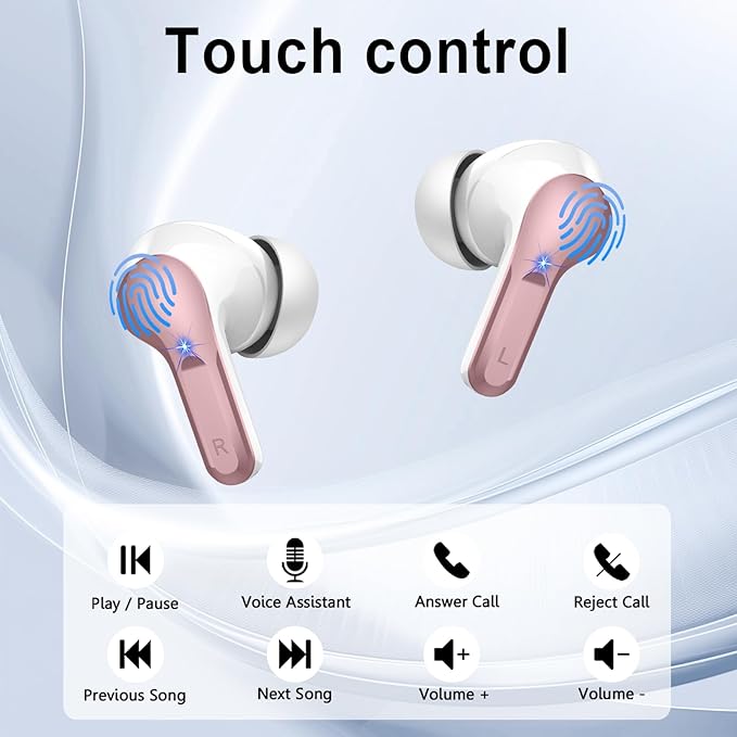 Wireless Earbuds, Bluetooth Headphones 5.4 HiFi Stereo, Ear Buds with 4 ENC Noise Cancelling Mics, 48H Bluetooth Earbuds with Dual LED Display, IP7 Waterproof Earphones for Android iOS, Rose Gold