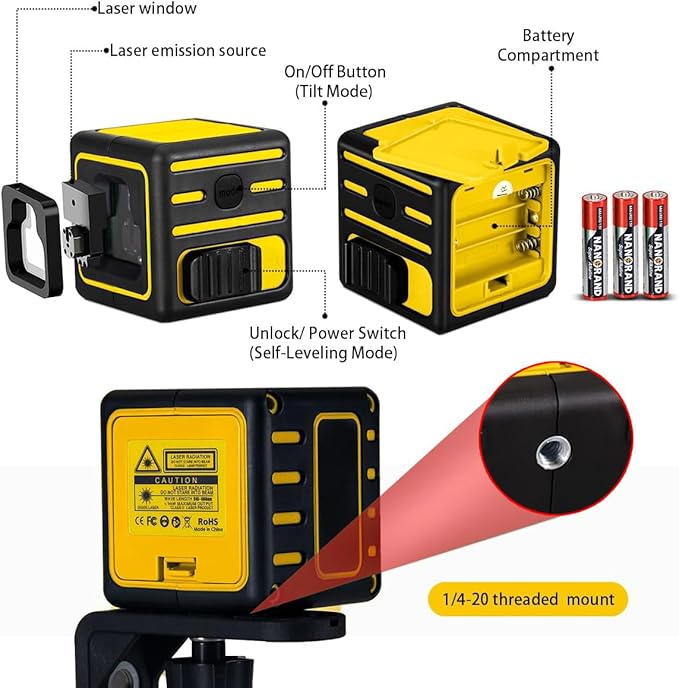 Laser level with Tripod Self Leveling, Cross Line Laser with Tilt Mode, 47 inch Tripod for Picture Hanging Construction Floor Tile Wall, 3 AAA Batteries Included