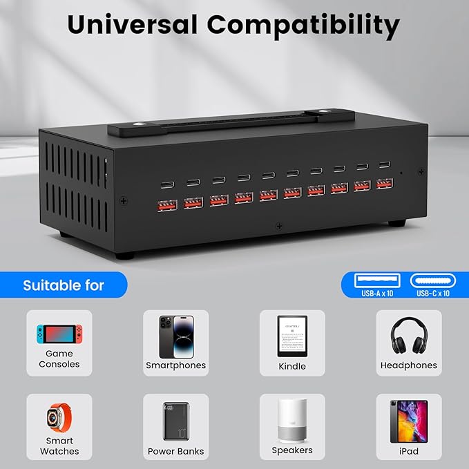 Portable USB~C Charger Block, 200W(20A) 20 Port (10 A & 10 C Port) Home Fast Charging Station for Multiple Devices, Desktop USB Wall Charger Compatible with iPhone, iPad, Kindle, Tablets, Watch