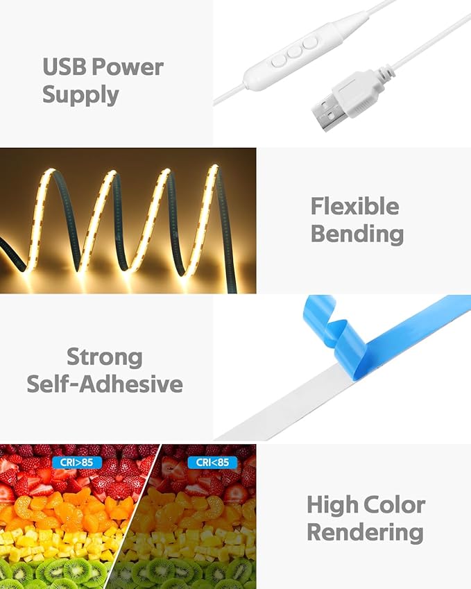5V COB LED Strip Light for Bedroom 16.4FT USB LED Light Strip Warm White 3000K with Dimmer 320LEDs/M Flexible LED Tape Lights High Density Self -Adhesive for TV Mirror Cabinet DIY Indoor
