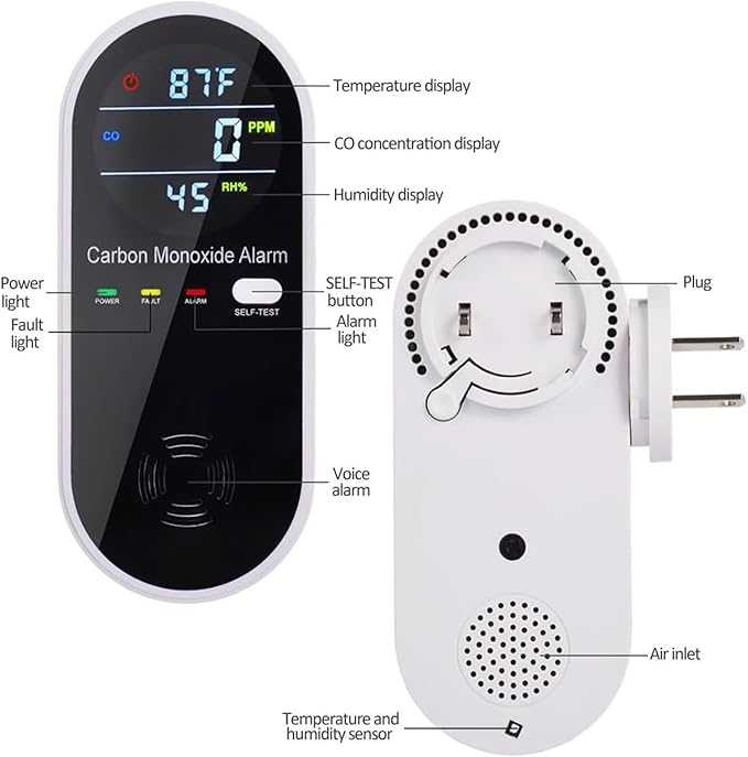 3-in-1 Carbon Monoxide Detectors Plug in Wall, Portable Carbon Monoxide Detector for Travel, CO Gas Meter Temperature Humidity Sensor Built-in with LCD Display Voice Light Warning
