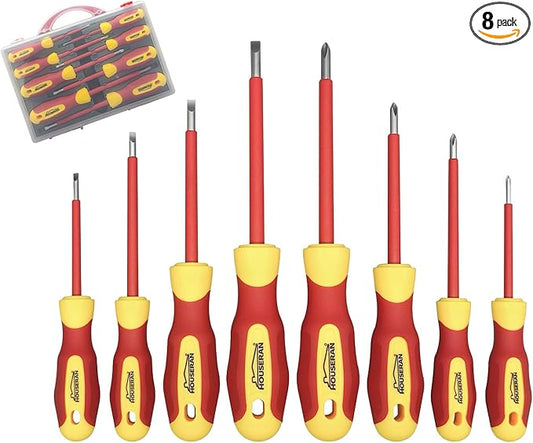Insulated Screwdriver Set with Case, HOUSERAN 8-Piece Heavy Duty Phillips and Slotted Screwdriver Set, 1000 Volt, Magnetic Tips Screw Driver, Screwdrivers, Ideal for Electricians and Terminating Jobs