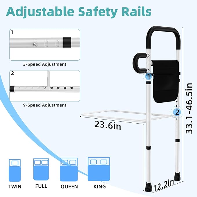 Bed Rails for Elderly Adults Safety - Adjustable Bed Assist Rails for Full Size Bed, Portable Bed Cane for Seniors With Storage Pocket, Hold Up to 300 Lbs, Easy Setup, Bedside Safety and Stability