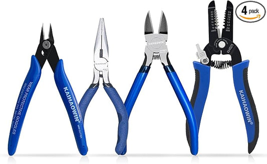 KAIHAOWIN 4-Piece Pliers Set, 5" Long Nose, 5" Flush Cutters, 6" Wire Cutter, 7" Wire Strippers, Small Hand Tools for Crafting Repairing Cutting