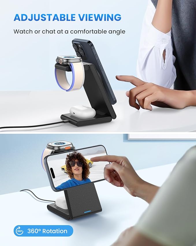 Wireless Charger Magnetic for Apple Devices - JoyGeek 3 in 1 Foldable Charging Station for Magsafe Compatible with iPhone 16 15 14 13 12 Pro Max Plus, Apple Watch 10 9 8 7 6 5 4 SE, AirPods 4/3/2/Pro