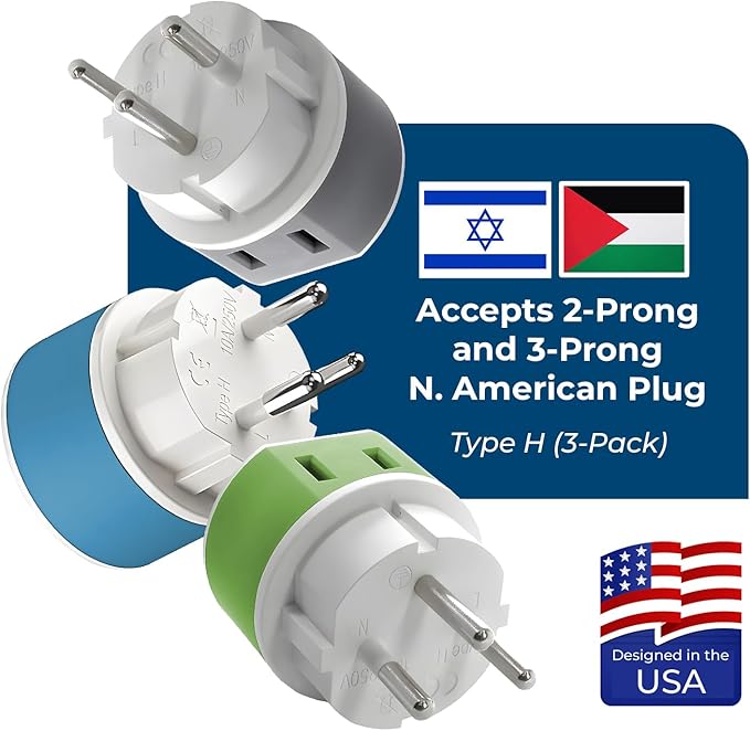 OREI Israel, Palestine Power Plug Adapter with 2 USA Inputs - Travel 3 Pack - Type H (US-14) Safe Grounded Use with Cell Phones, Laptop, Camera Chargers, CPAP, and More