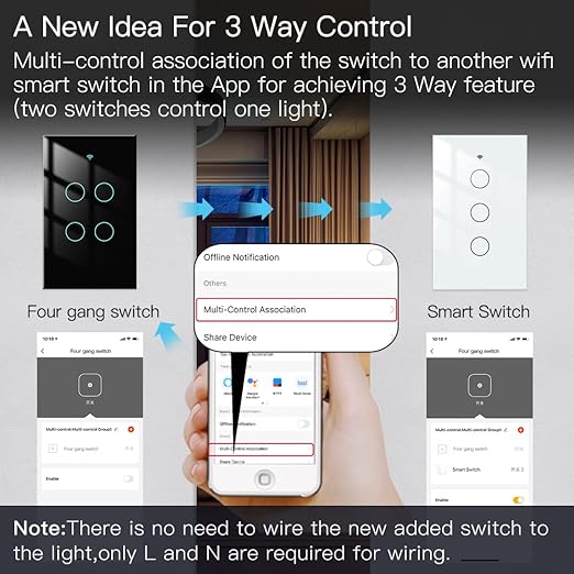 MOES 2.4GHz WiFi Wall Touch Smart Switch Neutral Wire Required, 3 Way Multi-Control, Glass Panel Light Switch Work with Smart Life/Tuya App, RF433 Remote Control, Alexa and Google Home Black 4 Gang