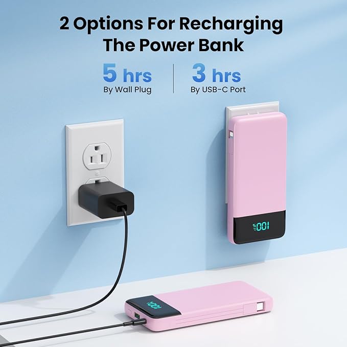 Portable Charger Power Bank with Built in Cables and Wall Plug,13800mAh Portable Battery Pack Fast Charging Compact LED Display Phone Charger Compatible with iPhone 16/15,Galaxy S23,Tablets etc