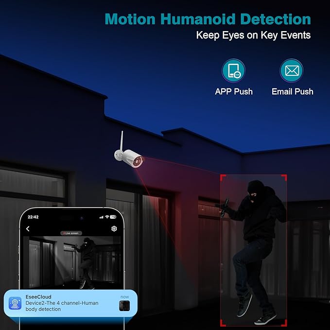 10CH Expandable Wireless Security Camera System with 10.1" Monitor 4pcs 5MP Indoor Outdoor Camera 1-Way Audio Night Vision Motion Detection Home Business CCTV Surveillance 1TB HDD