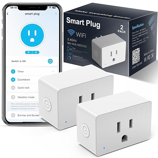 2 Pack Smart Plugs, WiFi Outlets Compatible with Alexa&Google Assistant,15A/1800W Max, Smart Socket with Timer and Group Control, No Hub Required, Simple Setup, for Home(2.4G WiFi Only)