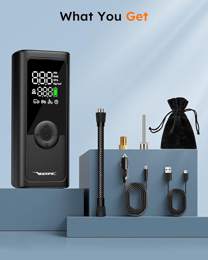 VEEAPE Tire Inflator Portable Air Compressor, 6X Faster Cordless Car Tires Air Pump with Auto-Shutoff Digital Pressure Gauge LED Light Portable Air Pump Tire Inflator for Car, Bike, Motorcycle, Ball