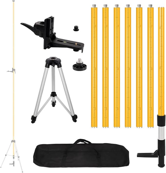 Upgraded 15.7 Ft/4.8M Telescoping Laser Level Pole with Tripod and Mounting Clamp, Adjustable Bracket with 1/4"-20 and 5/8"-11 Threads for Rotary and Line Lasers