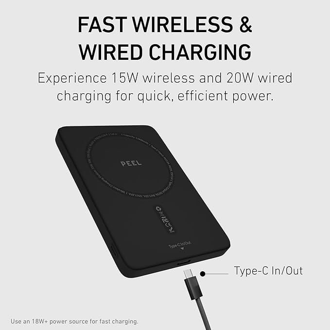 PEEL Magnetic Wireless Portable Charger – Ultra Slim 5,000mAh Power Bank, Compatible with MagSafe Devices, 15W Wireless & 20W USB-C Fast Charging, Lightweight for iPhone 16/15/14/13/12 (Black)