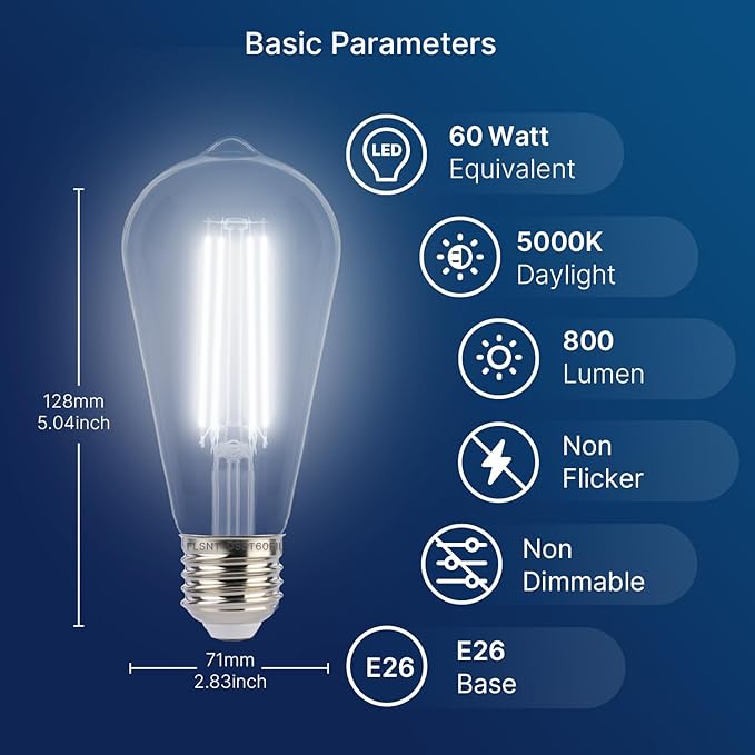 FLSNT Dusk to Dawn Outdoor Sensor ST19 LED Edison Bulb, 5000K Daylight, 7W (60W Eqv.), 800LM,Vintage Filament E26 Base, Auto On/Off Photocell Automatic for Energy-Efficient Outdoor Lighting, 2 Pack
