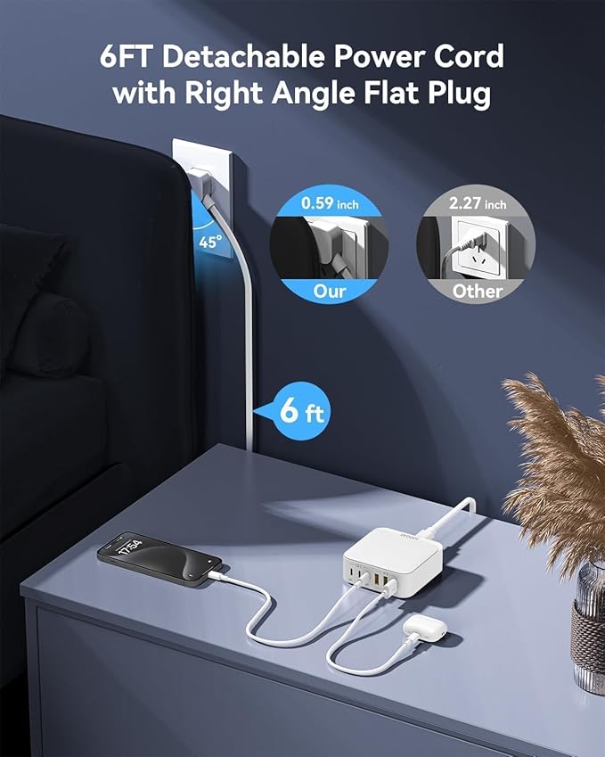USB C Charger Block, 130W 6 Ports Fast Wall Chargers, Charging Stations with PD 45W, Dual PD 20W, 3 USB A, 3 USB C, QC, PPS, 6ft Cord, Compatible with iPhone, Galaxy, Pixel, MacBook, iPad Pro
