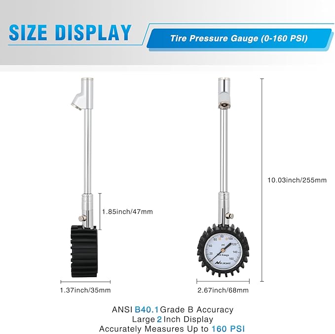 Nilight Tire Pressure Gauge 160PSI Heavy Duty Stainless Steel Dual Head Air Pressure Chucks ANSI B40.1 Certified Large 2" Dial Wheel Checker for Truck Semi Truck ATV Motorhome Cars & RV Accessories
