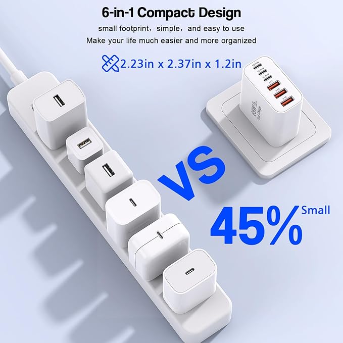65W USB C Charger Block, 2Pack 6-Port Fast Charging Block with 6ft Long TypeC to TypeC Woven Cable Cord,Multiport Plug,USB C Power Adapter for iPhone 17/17 Air/17 Pro/16/16e/16 Pro Max/15,iPad,AirPods