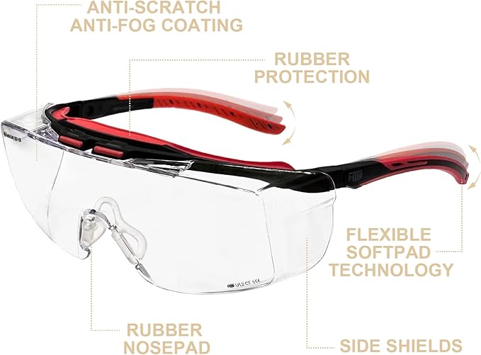 HUNTERSKY ANSI Z87 Anti Fog Lab Safety Glasses Fit Over Eyeglasses Up to 1.88 inch 100% UV Protective Goggles