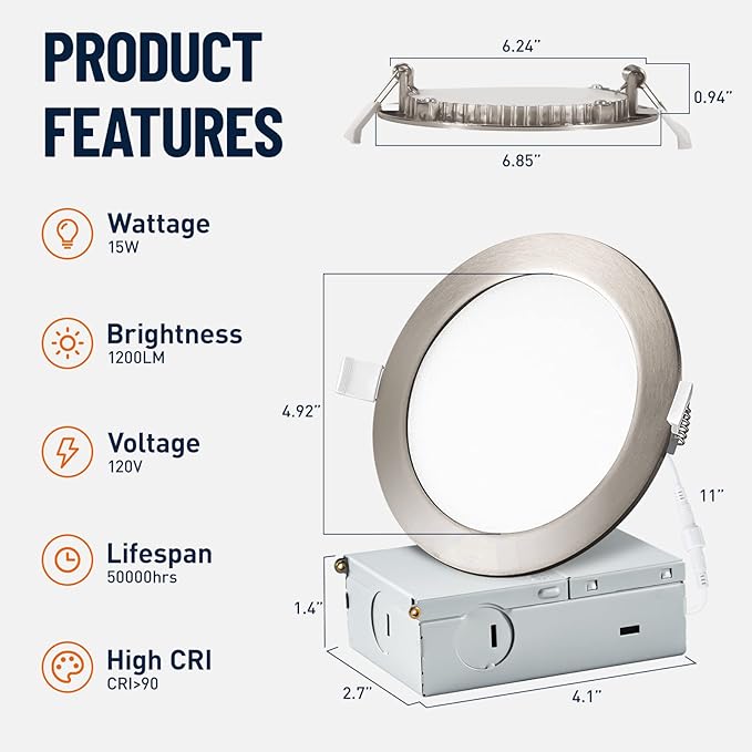 12 Pack Recessed Lighting 6 Inch with Junction Box, 5CCT 6 Inch Brushed Nickel LED Recessed Lights Dimmable 2700K-6000K, 15W 1200lm Ultra Thin Recessed Lighting - ETL and Energy Star Certified