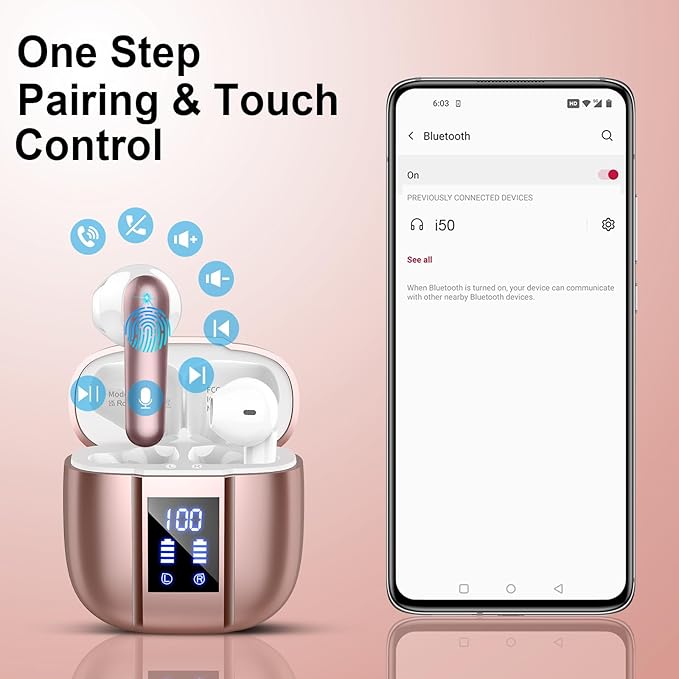 Wireless Earbuds, Bluetooth 5.4 Headphones, 48H, Stereo Ear Buds, LED Display Earphones with Mic, IP7 Waterproof In EarBud, Comfort Fit, Bluetooth Earbuds for Phone Android iOS, Sport, Walk, Rose Gold