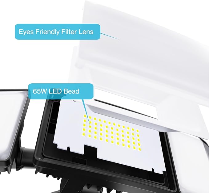 Olafus 65W Motion Sensor Outdoor Light, 2 Pack LED Security Light 6000LM, 6500K Exterior Motion Flood Light with 3 Adjustable Heads, for Outside Garage, Yard, Patio, IP65 Waterproof, Black