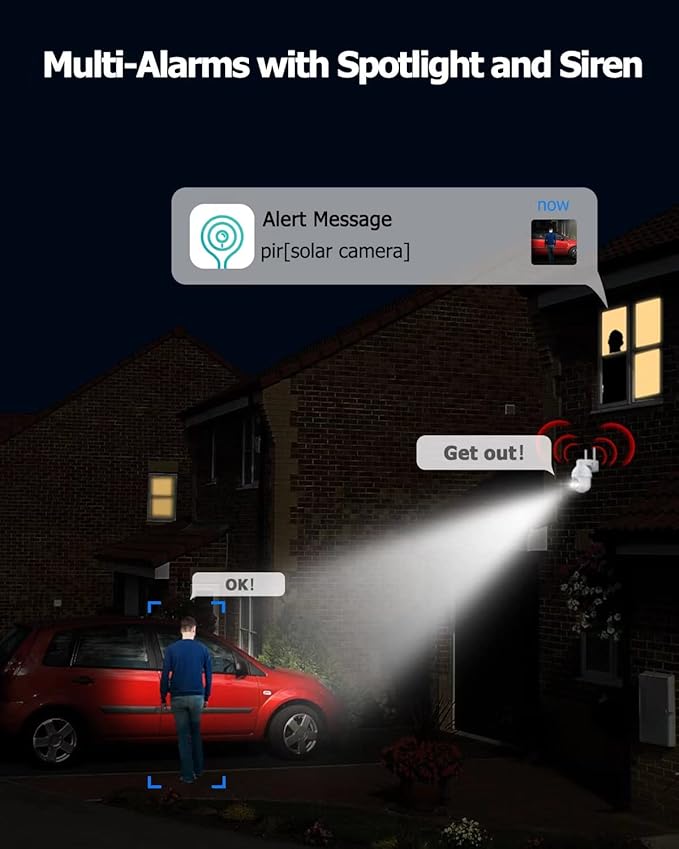 Security Camera Wireless Outdoor, 2K Solar Security Camera,Battery Powered 360°PTZ Outdoor Camera,Color Night Vision,2-Way Audio,PIR Motion Detection,Compatible with Alexa