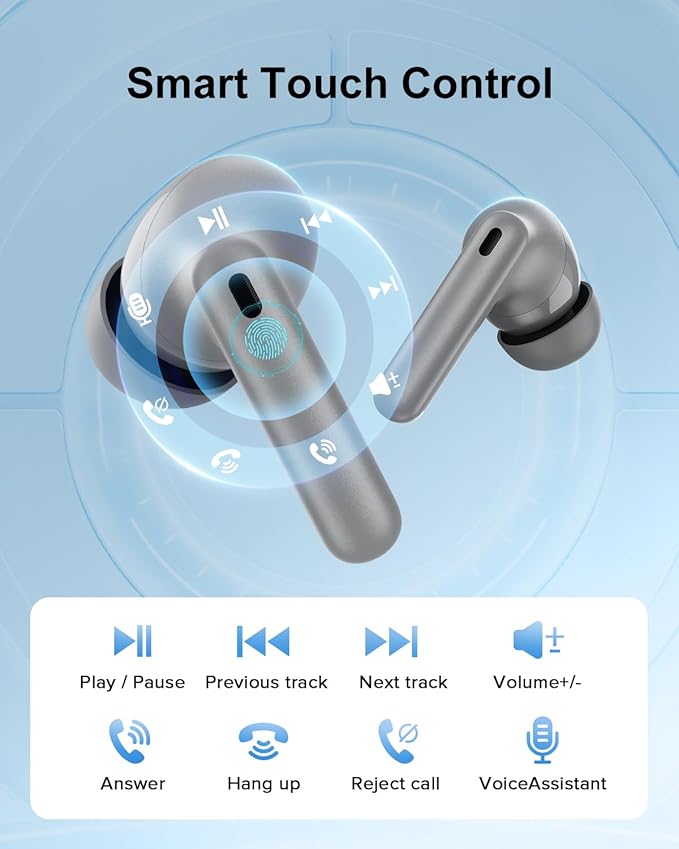 Wireless Earbuds, 42H Playtime Bluetooth 5.3 Headphones, HiFi Stereo Call Noise Cancelling Earbuds, IPX7 Waterproof Stereo in-Ear Earphones with LED Display for iOS Android (Gray)